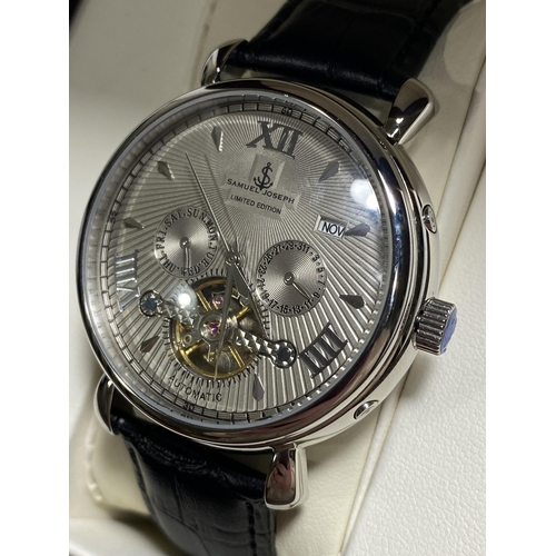 457 - Samuel Joseph Limited edition, steel and grey, 3 dials and date with black leather strap, case diame... 