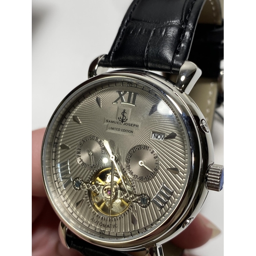 457 - Samuel Joseph Limited edition, steel and grey, 3 dials and date with black leather strap, case diame... 