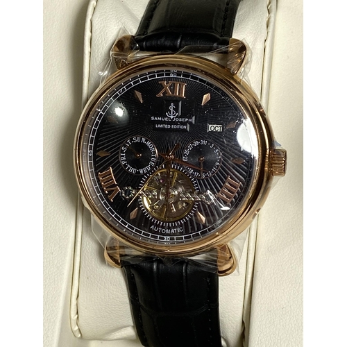 458 - Samuel Joseph Limited Edition, rose and gold face with 3 dials and date with black leather strap, ca... 