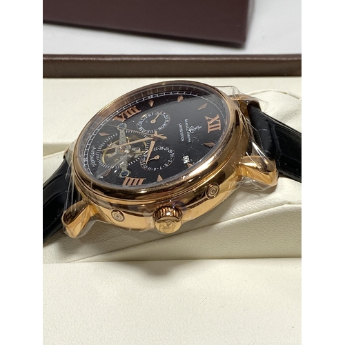 458 - Samuel Joseph Limited Edition, rose and gold face with 3 dials and date with black leather strap, ca... 