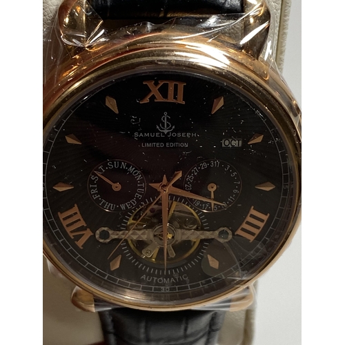 458 - Samuel Joseph Limited Edition, rose and gold face with 3 dials and date with black leather strap, ca... 