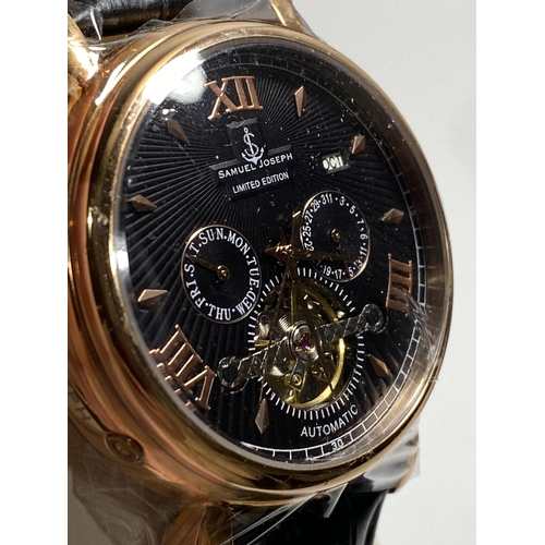 458 - Samuel Joseph Limited Edition, rose and gold face with 3 dials and date with black leather strap, ca... 