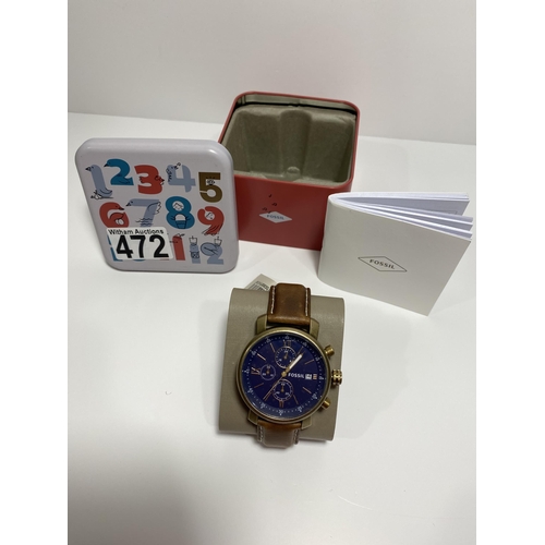 472 - Fossil Rhett quartz chronograph wristwatch with blue face and brown leather strap, BQ2099, case size... 