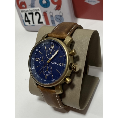 472 - Fossil Rhett quartz chronograph wristwatch with blue face and brown leather strap, BQ2099, case size... 