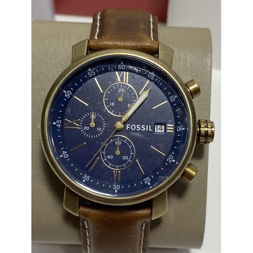 472 - Fossil Rhett quartz chronograph wristwatch with blue face and brown leather strap, BQ2099, case size... 