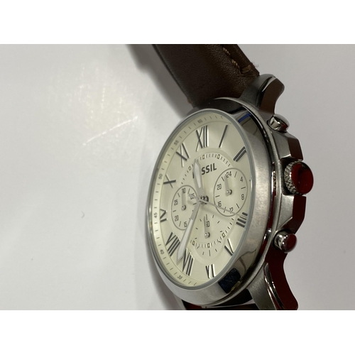 473 - Fossil Grant chronograph quartz watch, case dia.44mm, 3 sub dials, brown leather strap, FS47351E, co... 