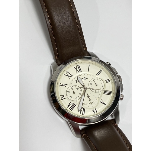 473 - Fossil Grant chronograph quartz watch, case dia.44mm, 3 sub dials, brown leather strap, FS47351E, co... 