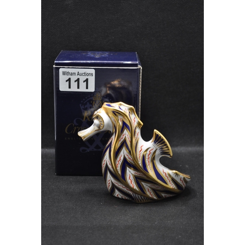 111 - Royal Crown Derby seahorse paperweight with a silver stopper in box (seconds)