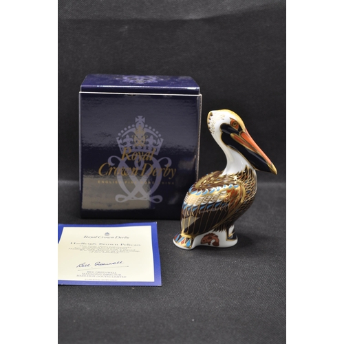 113 - Royal Crown Derby Hadleigh brown pelican paperweight with certificate and anniversary backstamp