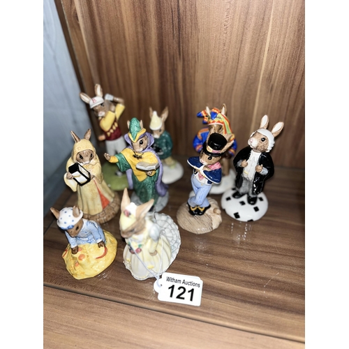 121 - A quantity of Royal Doulton Bunnykins figures; Golfer  DB255,  Boy Skater DB152, Bunnykins of the Ye... 