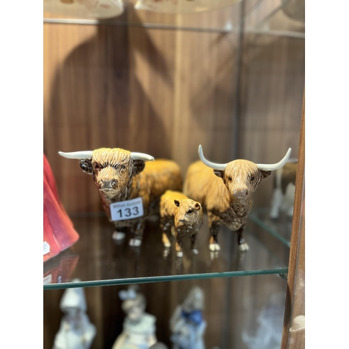 133 - Beswick family group of Highland cattle comprising Bull, Highland Cow and Highland Calf A/F to bull ... 