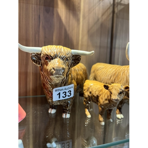 133 - Beswick family group of Highland cattle comprising Bull, Highland Cow and Highland Calf A/F to bull ... 