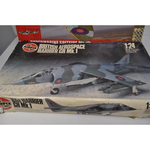 152 - Airfix Supermarine Spitfire MkVb scale 1:24 A50141 together with Airfix British Aerospace Harrier Gr... 