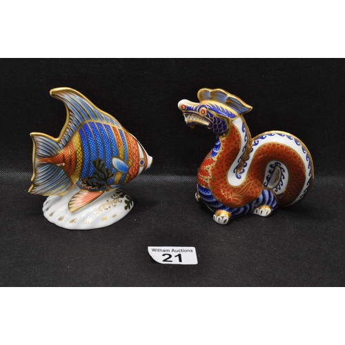 21 - x2 Royal Crown Derby paperweights; one in the form of a Pacific Angel fish with gold stopper, to bas... 