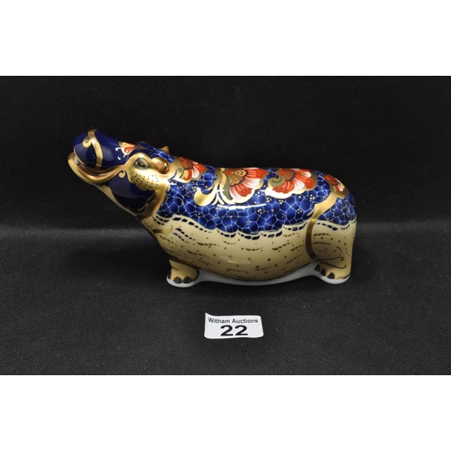 22 - Royal Crown Derby Hippopotomus with gold stopper, (unboxed)