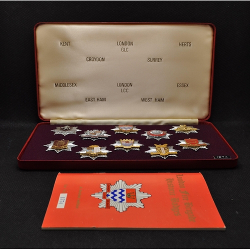 222 - London Fire Brigade historic badges boxed  set no. 1574, containing x10 badges (Kent, Croydon, Londo... 