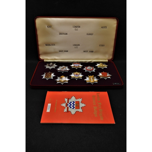 222 - London Fire Brigade historic badges boxed  set no. 1574, containing x10 badges (Kent, Croydon, Londo... 