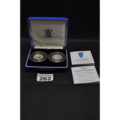 262 - Royal Mint silver proof piedfort fifty pence coin commemorating 150 years of public libraries with c... 