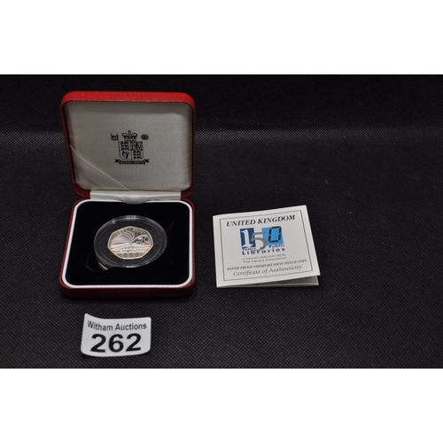 262 - Royal Mint silver proof piedfort fifty pence coin commemorating 150 years of public libraries with c... 