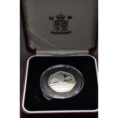 262 - Royal Mint silver proof piedfort fifty pence coin commemorating 150 years of public libraries with c... 