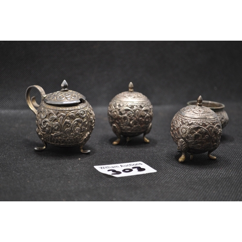 303 - Antique pair of pepperettes with open salts (one liner missing) and matching lidded mustard pot with... 