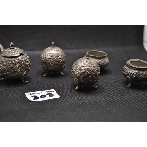 303 - Antique pair of pepperettes with open salts (one liner missing) and matching lidded mustard pot with... 