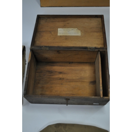 294 - WW1 and other items consisting; R.A.M.C wooden box, enamel bucket, mixed canvas bags, embroidered si... 