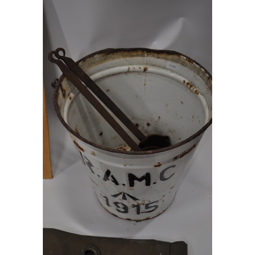 294 - WW1 and other items consisting; R.A.M.C wooden box, enamel bucket, mixed canvas bags, embroidered si... 