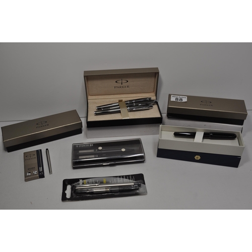 88 - Parker Pen 25 Ballpoint and Rollerball black versions, plus a Parker 5th generation pen, refills, ca... 