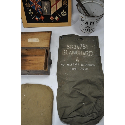 294 - WW1 and other items consisting; R.A.M.C wooden box, enamel bucket, mixed canvas bags, embroidered si... 