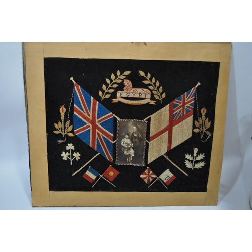 294 - WW1 and other items consisting; R.A.M.C wooden box, enamel bucket, mixed canvas bags, embroidered si... 