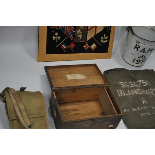 294 - WW1 and other items consisting; R.A.M.C wooden box, enamel bucket, mixed canvas bags, embroidered si... 