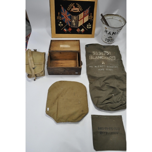 294 - WW1 and other items consisting; R.A.M.C wooden box, enamel bucket, mixed canvas bags, embroidered si... 