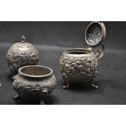 303 - Antique pair of pepperettes with open salts (one liner missing) and matching lidded mustard pot with... 