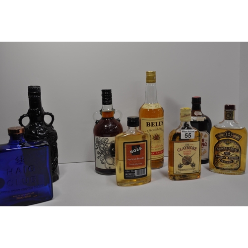 55 - A group of mixed bottled whiskies, rum and liqueurs (x6) , together with Haig Club and Kraken black ... 