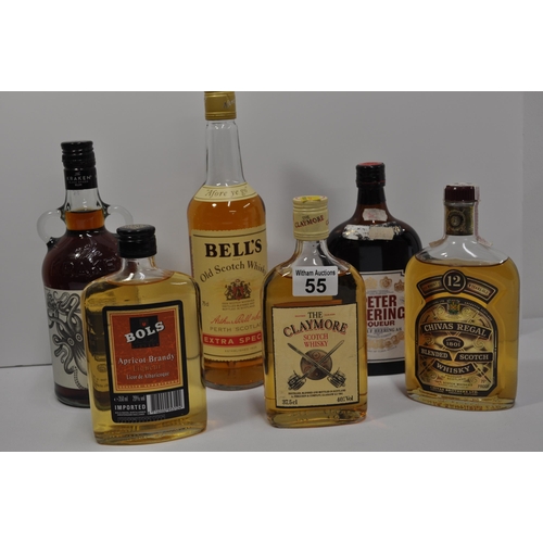 55 - A group of mixed bottled whiskies, rum and liqueurs (x6) , together with Haig Club and Kraken black ... 