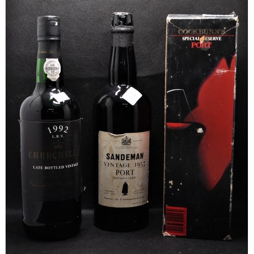 59 - Three bottles of Port to include a bottle of Sandeman vintage 1957 Port bottled in 1959, alongside C... 