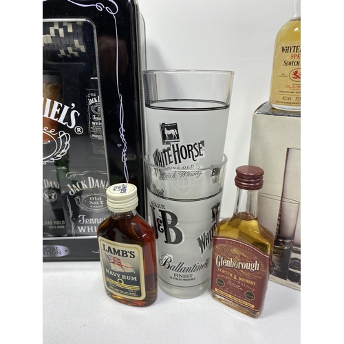 65 - Jack Daniels special edition game gift set together with a selection of miniature vintage brandies, ... 