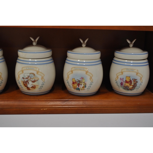 49 - Disney Lennox The Pooh Pantry Spice Jars c.2000, comes with wooden spice rack L56cm x H50cm, X D10cm... 