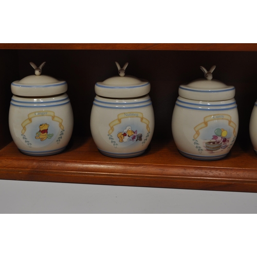 49 - Disney Lennox The Pooh Pantry Spice Jars c.2000, comes with wooden spice rack L56cm x H50cm, X D10cm... 