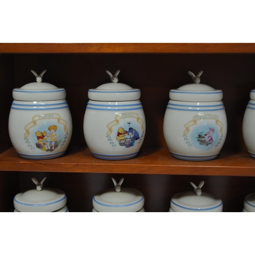 49 - Disney Lennox The Pooh Pantry Spice Jars c.2000, comes with wooden spice rack L56cm x H50cm, X D10cm... 