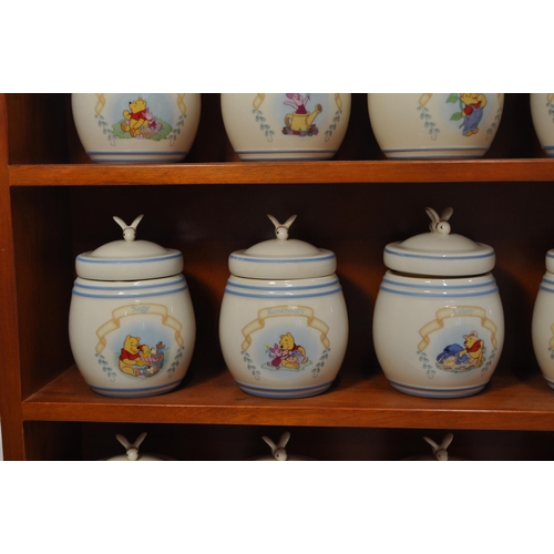 49 - Disney Lennox The Pooh Pantry Spice Jars c.2000, comes with wooden spice rack L56cm x H50cm, X D10cm... 