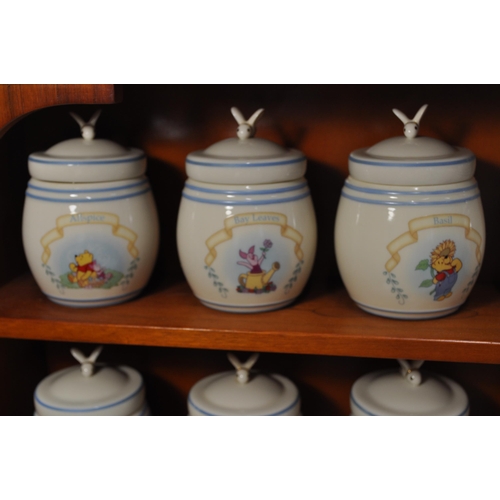 49 - Disney Lennox The Pooh Pantry Spice Jars c.2000, comes with wooden spice rack L56cm x H50cm, X D10cm... 