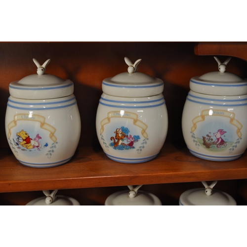 49 - Disney Lennox The Pooh Pantry Spice Jars c.2000, comes with wooden spice rack L56cm x H50cm, X D10cm... 