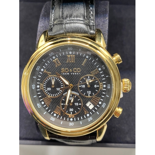 27 - X3 boxed So & Co wristwatches; New York chronograph wristwatch with black dial and gold-coloured num... 