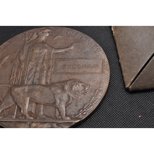 232 - WWI Death plaque attributed to Arthur Shead of the Essex Regiment in original envelope together with... 