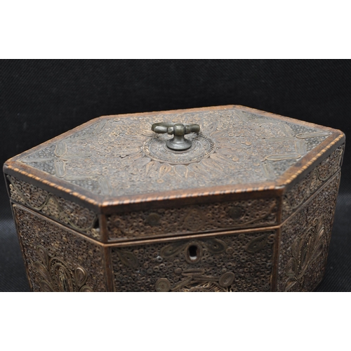 298 - Antique tea caddy with rolled paper scroll work design the tea caddy of heagonal form, poss.late 18t... 