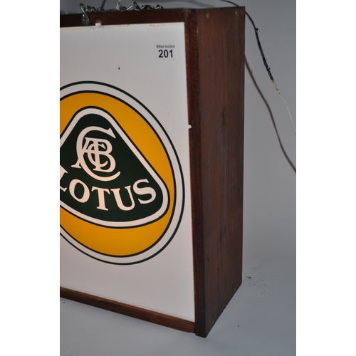 201 - Lotus dealership double sided illuminating Perspex sign mounted in wooden box, PAT tested, working a... 