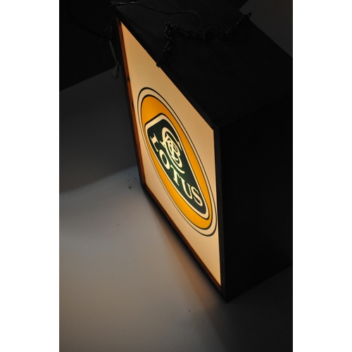 201 - Lotus dealership double sided illuminating Perspex sign mounted in wooden box, PAT tested, working a... 