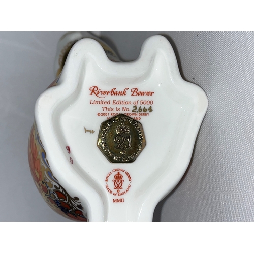 9 - Royal Crown Derby Riverbank Beaver no. 2664 / 5000 with certificate, gold stopper and box